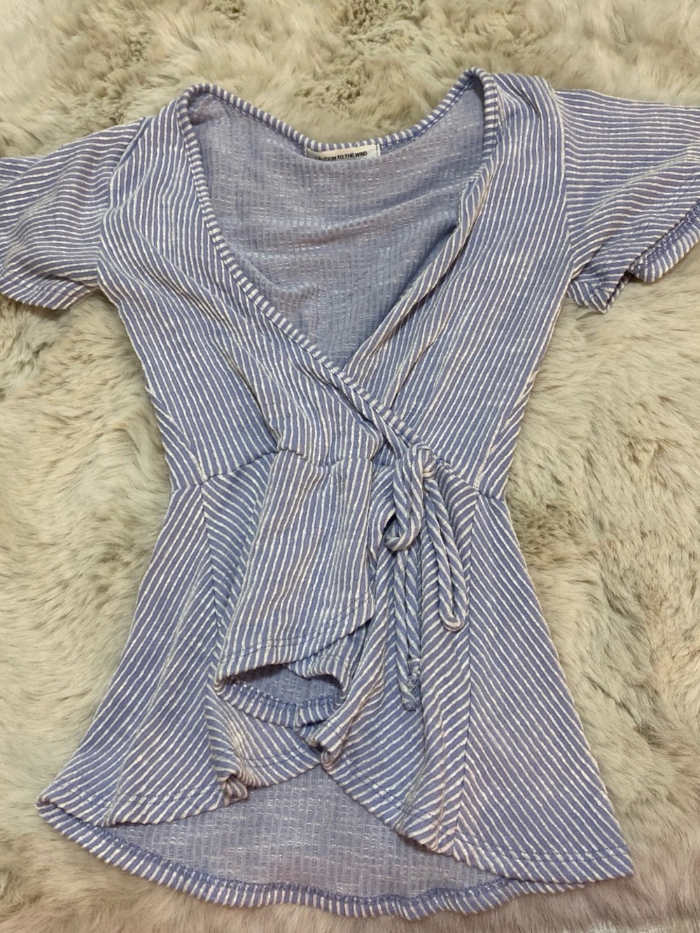Caution To The Wind Light Blue & White Striped Wrap Tie Top